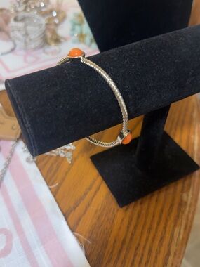 Silver-Tone Twisted Cable Bangle with Orange Accent Stones - Women Jewelry